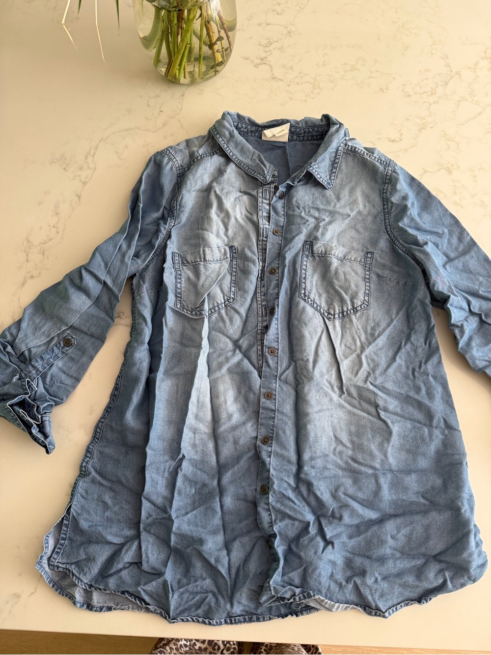 MATERNITY: Essentials Light Wash Denim Shirt in Blue